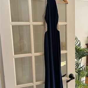 Xscape Navy Backless Gown with Silver Accents